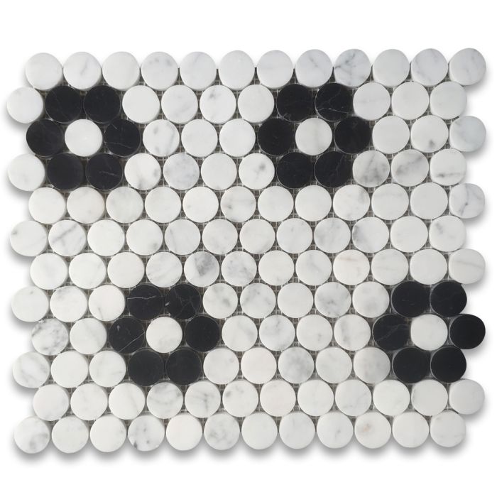 Carrara White Marble 1 inch Penny Round Rosette Mosaic Tile w/ Nero  Marquina Black Polished - Marble Online