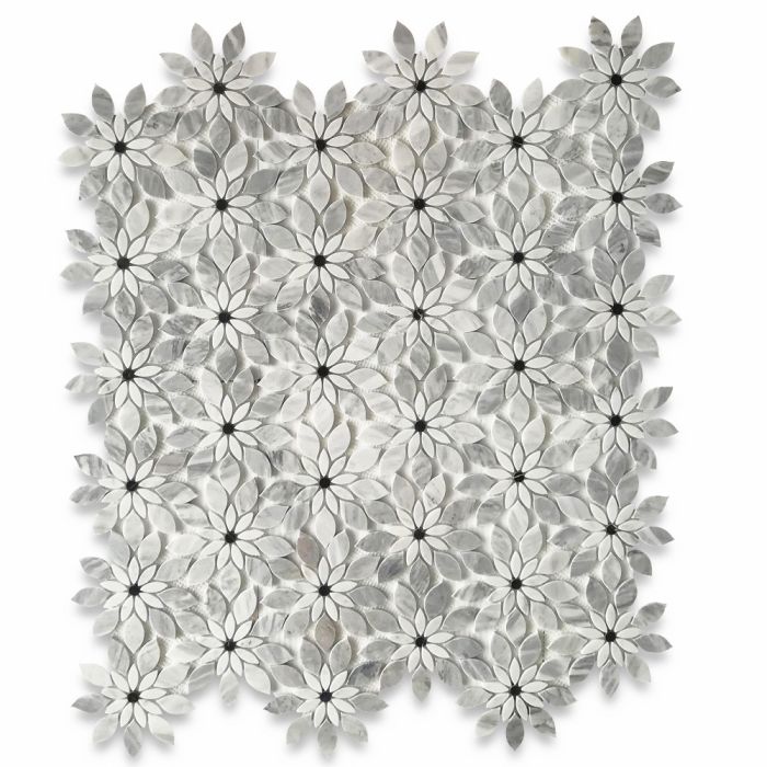 Carrara White Marble Wildflower Rain Flower Waterjet Mosaic Tile w