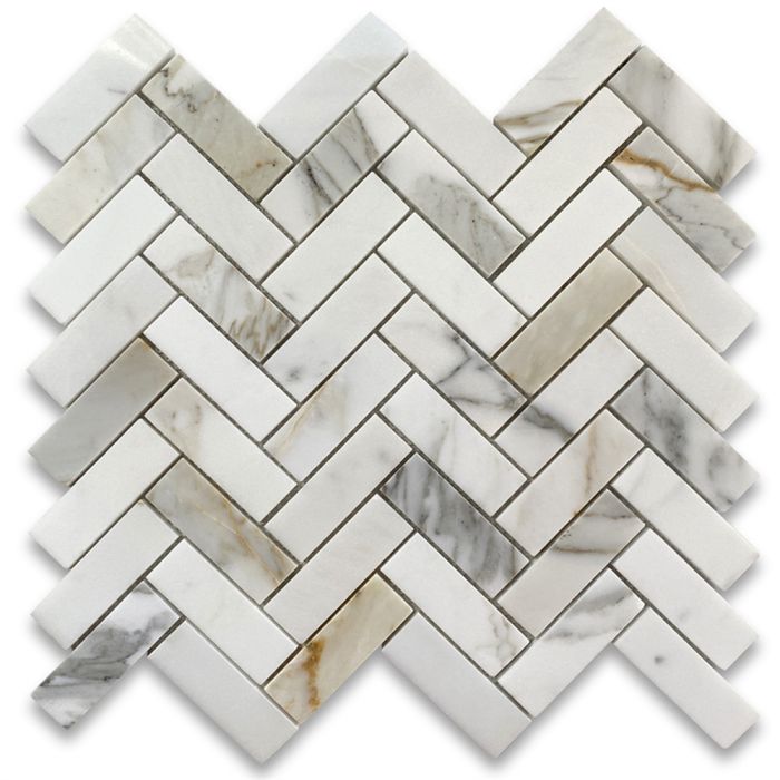 1 x 3 Herringbone Calacatta Gold Polished Marble Mosaic Tiles from Rocky Point Tile 4 x 6 Sample