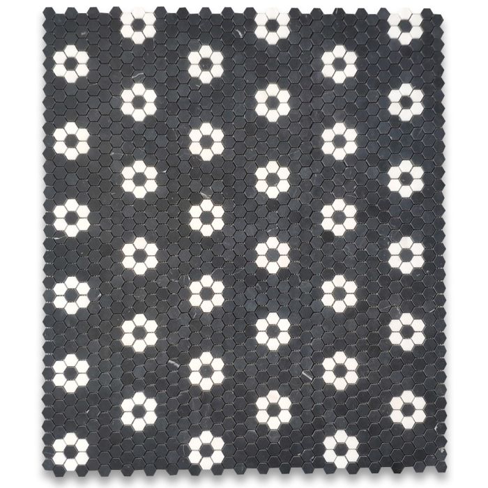 Nero Marquina Black Marble 1 inch Hexagon Rosette Mosaic Tile w