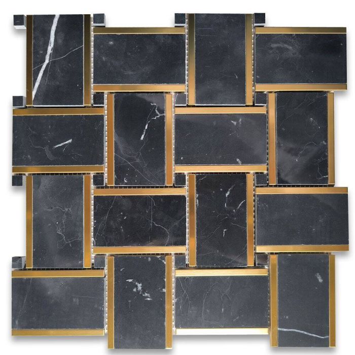 Nero Marquina Black Marble 2x3 Basketweave Mosaic Tile w