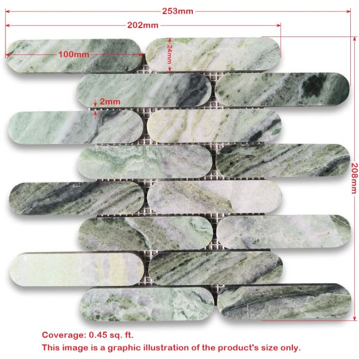Sagano Vibrant Green Marble 1x4 Elongated Oval Mosaic Tile Honed