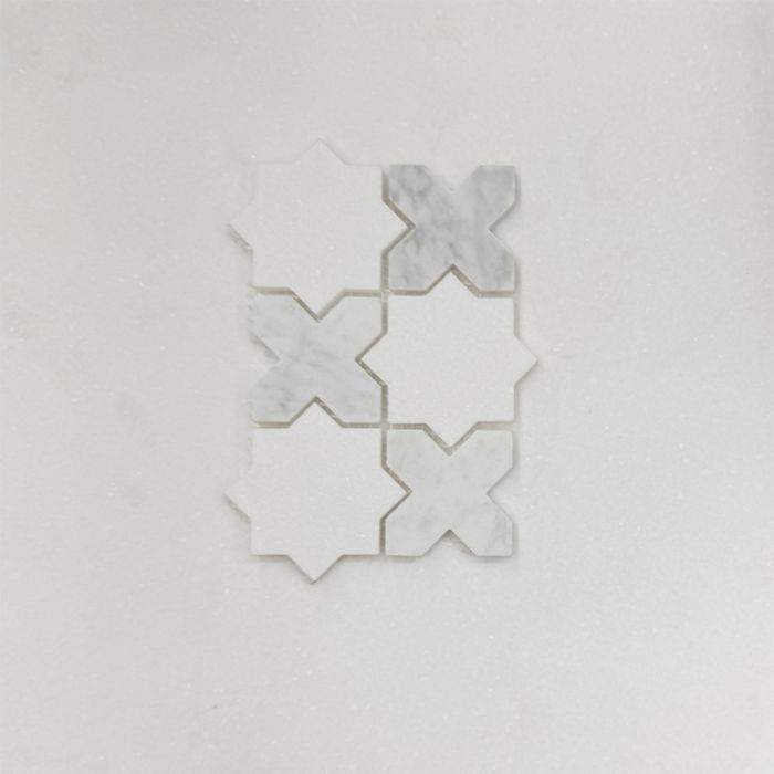 (Sample) Thassos White Marble 2 inch Cross Star Mosaic Tile w/ Carrara ...