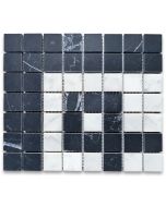 Carrara White Marble 7x8 Greek Key Mosaic Corner Tile w/ Nero Marquina Black Honed