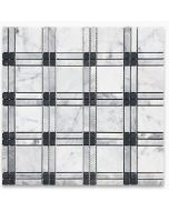 Carrara White Plaid Tartan w/ Gray and Black Marble Mosaic Tile Honed