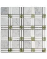 Carrara White Marble Plaid Tartan Mosaic Tile w/ Green Jade Thassos White Honed