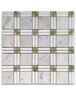Carrara White Marble Plaid Tartan Mosaic Tile w/ Green Jade Thassos White Polished
