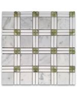 Carrara White Marble Plaid Tartan Mosaic Tile w/ Green Jade Thassos White Polished