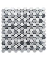 Carrara White Marble 1 inch Monochrome Hexagon Mosaic Tile w/ Bardiglio Gray Thassos White Honed