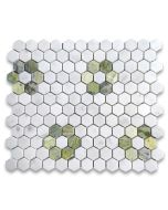 Carrara White Marble 1 inch Hexagon Rosette Mosaic Tile w/ Green Jade Honed