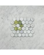 Carrara White Marble 1 inch Hexagon Rosette Mosaic Tile w/ Green Jade Honed
