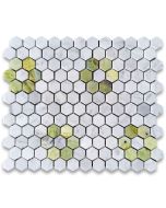 Carrara White Marble 1 inch Hexagon Rosette Mosaic Tile w/ Green Jade Polished