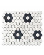 Carrara White 1" Hexagon w/ Black Marble Rosette Pattern Mosaic Tile Honed