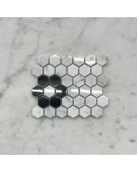 Carrara White 1" Hexagon w/ Black Marble Rosette Pattern Mosaic Tile Polished