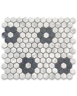 Carrara White Marble 1 inch Hexagon Rosette Mosaic Tile w/ Nero Marquina Black Tumbled