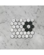 Carrara White Marble 1 inch Hexagon Rosette Mosaic Tile w/ Nero Marquina Black Tumbled