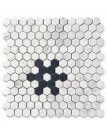 Carrara White 1" Hexagon w/ Black Marble Snowflake Pattern Mosaic Tile Honed