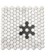 Carrara White 1" Hexagon w/ Black Marble Snowflake Pattern Mosaic Tile Polished