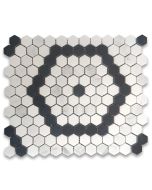 Carrara White Marble 1 inch Hexagon Riverside Drive Mosaic Tile w/ Thassos White Nero Marquina Black Honed