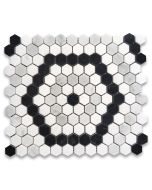 Carrara White Marble 1 inch Hexagon Riverside Drive Mosaic Tile w/ Thassos White Nero Marquina Black Polished
