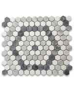 Carrara White Marble 1 inch Hexagon Riverside Drive Mosaic Tile w/ Thassos White Bardiglio Gray Honed