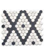 Carrara White Marble 1 inch Hexagon Modern X Pattern Mosaic Tile w/ Thassos White Nero Marquina Black Honed