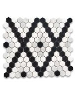 Carrara White Marble 1 inch Hexagon Modern X Pattern Mosaic Tile w/ Thassos White Nero Marquina Black Polished
