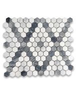 Carrara White Marble 1 inch Hexagon Modern X Pattern Mosaic Tile w/ Bardiglio Gray Thassos White Polished