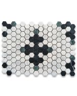 Carrara White Marble 1 inch Hexagon Starlight Mosaic Tile w/ Nero Marquina Black Indian Green Honed