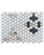 Carrara White Marble 1 inch Hexagon Starlight Mosaic Tile w/ Norwegian Rose Pink Honed
