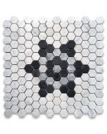 Carrara White Marble 1 inch Hexagon Hexastar Mosaic Tile w/ Nero Marquina Black Bardiglio Gray Honed