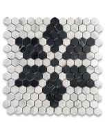 Carrara White Marble 1 inch Hexagon?Ice Crystal Mosaic Tile w/ Nero Marquina Black Honed
