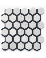 Carrara White Marble 2 inch Hexagon w/ Nero Marquina Black Strips Mosaic Tile Honed
