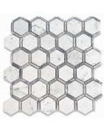 Carrara White Marble 2 inch Hexagon w/ Bardiglio Gray Strip Mosaic Tile Honed