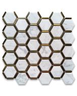 Carrara White Marble 2 inch Hexagon Mosaic Tile w/ Brass Strips Honed