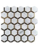 Carrara White Marble 2 inch Hexagon Mosaic Tile w/ Brass Strips Polished