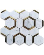 Carrara White Marble 3 inch Hexagon Mosaic Tile w/ Brass Strips Honed