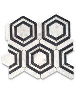 Carrara White Marble 3 inch Hexagon Georama Geometric Mosaic Tile w/ Nero Marquina Black Strips Honed