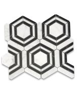 Carrara White Marble 3 inch Hexagon Georama Geometric Mosaic Tile w/ Nero Marquina Black Strips Polished