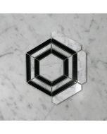 Carrara White Marble 3 inch Hexagon Georama Geometric Mosaic Tile w/ Nero Marquina Black Strips Polished