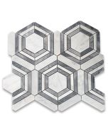 Carrara White Marble 3 inch Hexagon Georama Geometric Mosaic Tile w/ Bardiglio Gray Strips Honed