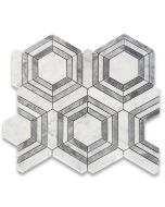 Carrara White Marble 3 inch Hexagon Georama Geometric Mosaic Tile w/ Bardiglio Gray Strips Polished