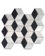 Carrara White Marble 2x3 Illusion 3D Cube Rhombus Diamond Hexagon Mosaic Tile w/ Nero Marquina Black Honed