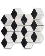 Carrara White Marble 2x3 Illusion 3D Cube Rhombus Diamond Hexagon Mosaic Tile w/ Nero Marquina Black Polished