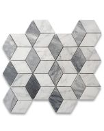 Carrara White Marble 2x3 Illusion 3D Cube Rhombus Diamond Hexagon Mosaic Tile w/ Bardiglio Gray Honed