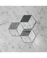 Carrara White Marble 2x3 Illusion 3D Cube Rhombus Diamond Hexagon Mosaic Tile w/ Bardiglio Gray Polished