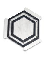 Carrara White Marble 5" Hexagon Georama Nero Strip Geometric Mosaic Tile Honed