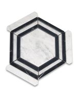 Carrara White Marble 5" Hexagon Georama Nero Strip Geometric Mosaic Tile Polished