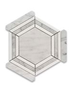 Carrara White Marble 5 inch Hexagon Georama Geometric Mosaic Tile w/ Thassos White Strips Honed