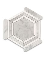 Carrara White Marble 5 inch Hexagon Georama Geometric Mosaic Tile w/ Thassos White Strips Polished